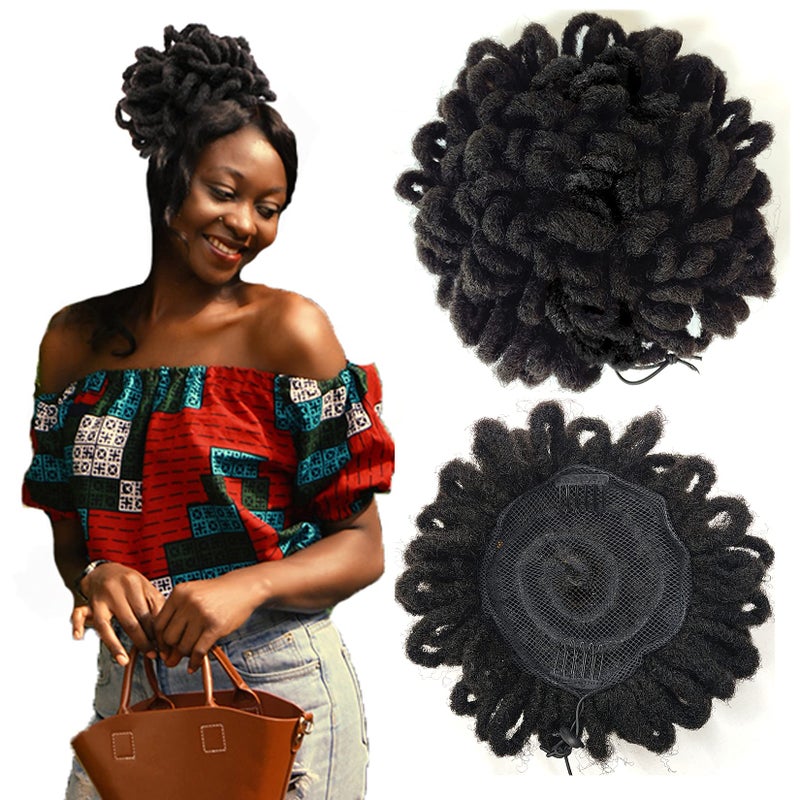 Abellee Loc Buns For Black Women 8Inch Loc Petal Bun Afro High Puff Drawstring Ponytail Faux Locs Hair Bun Pony Tail Hairpieces Clip In Hair Extentions for Black Women 2